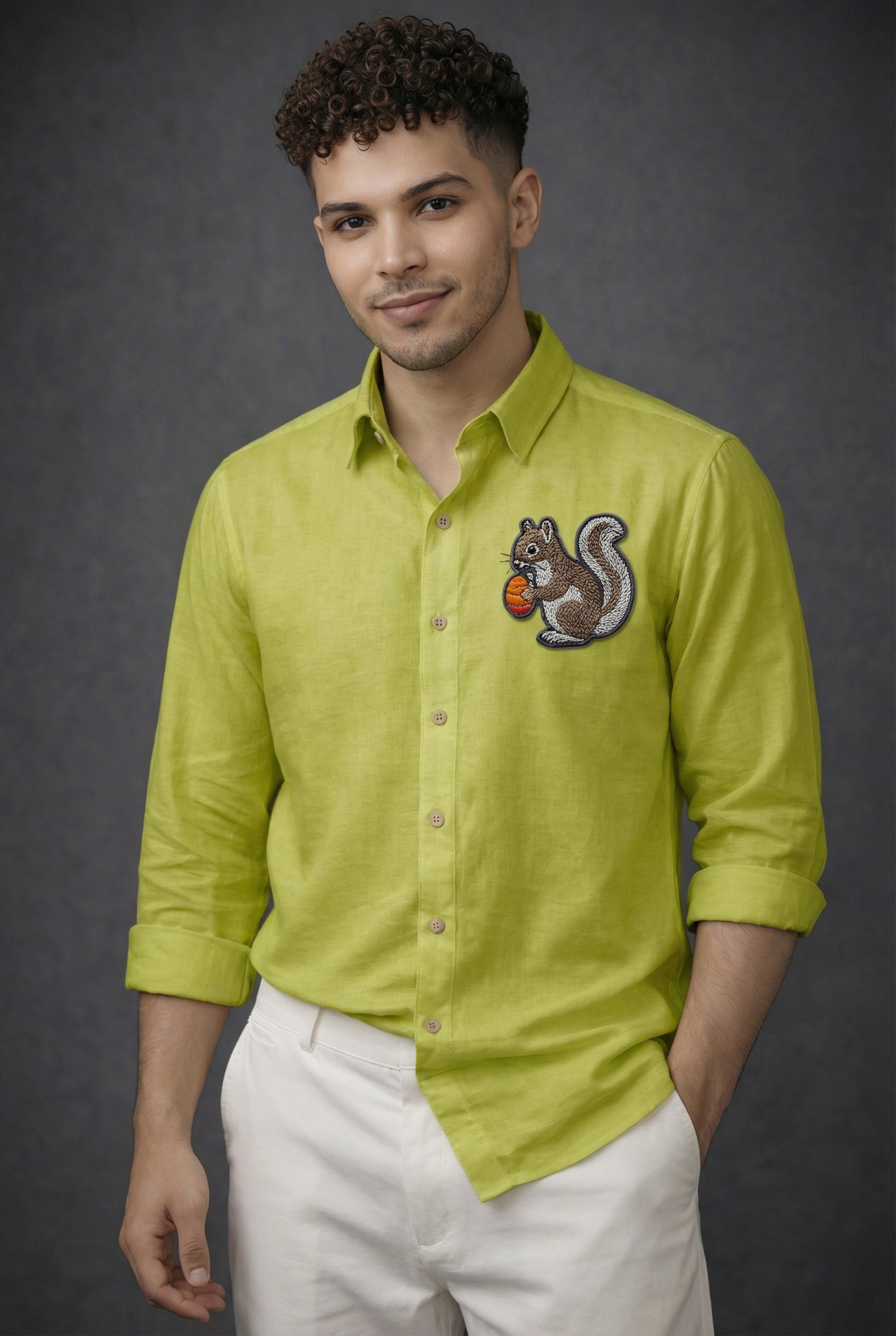 Nutcrest Squirrel Embroidered Shirt – Lime Green