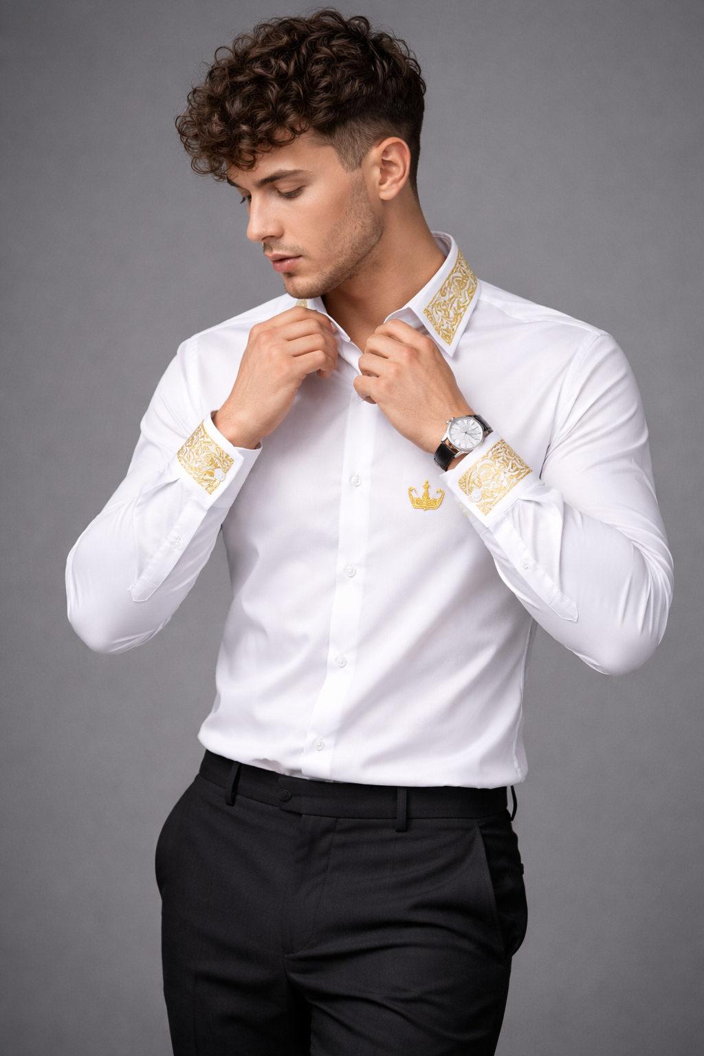Royal Ivory Crown – White Luxury Embroidered Shirt