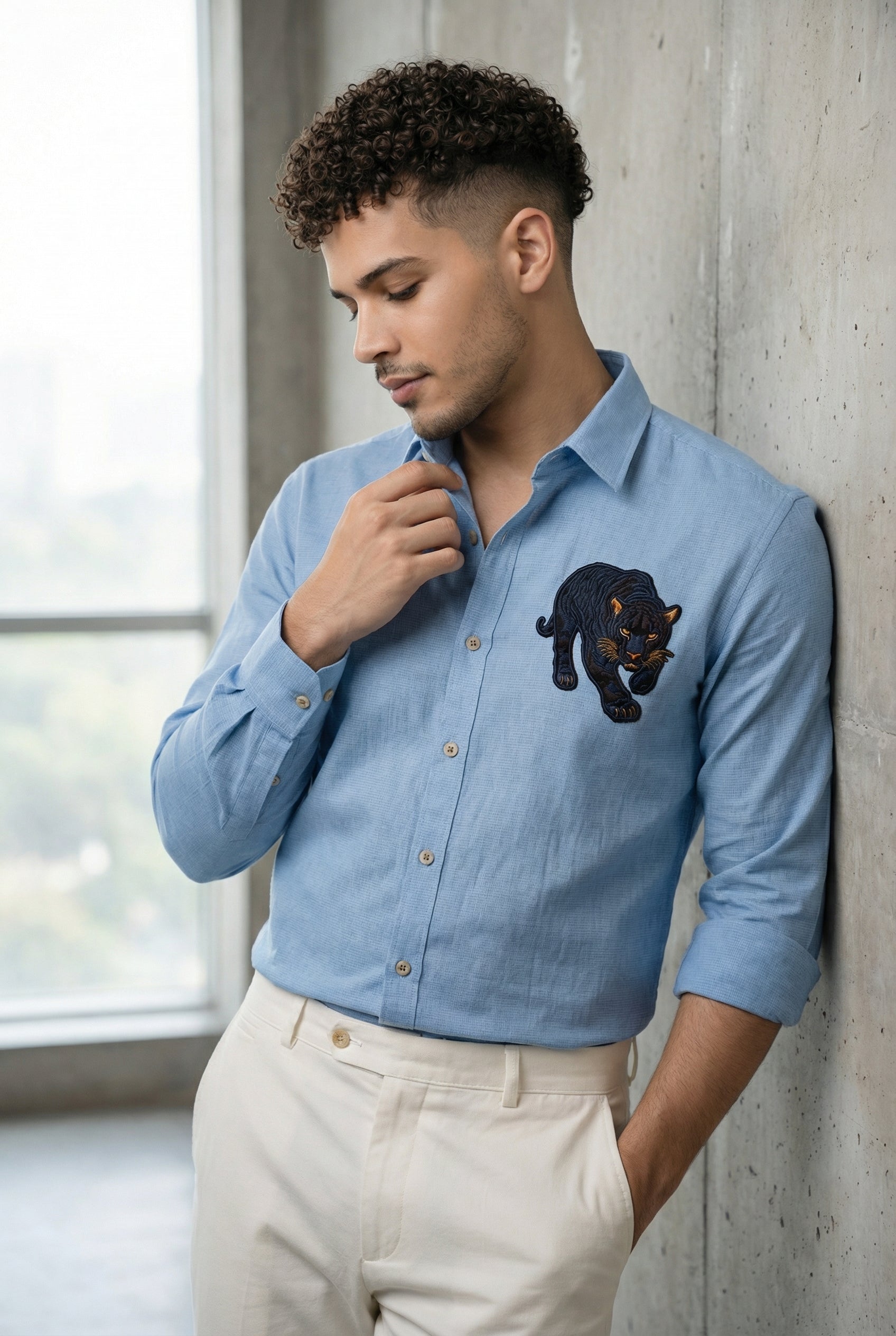 Riviera Midnight Panther Embroidered Shirt – Sky Blue