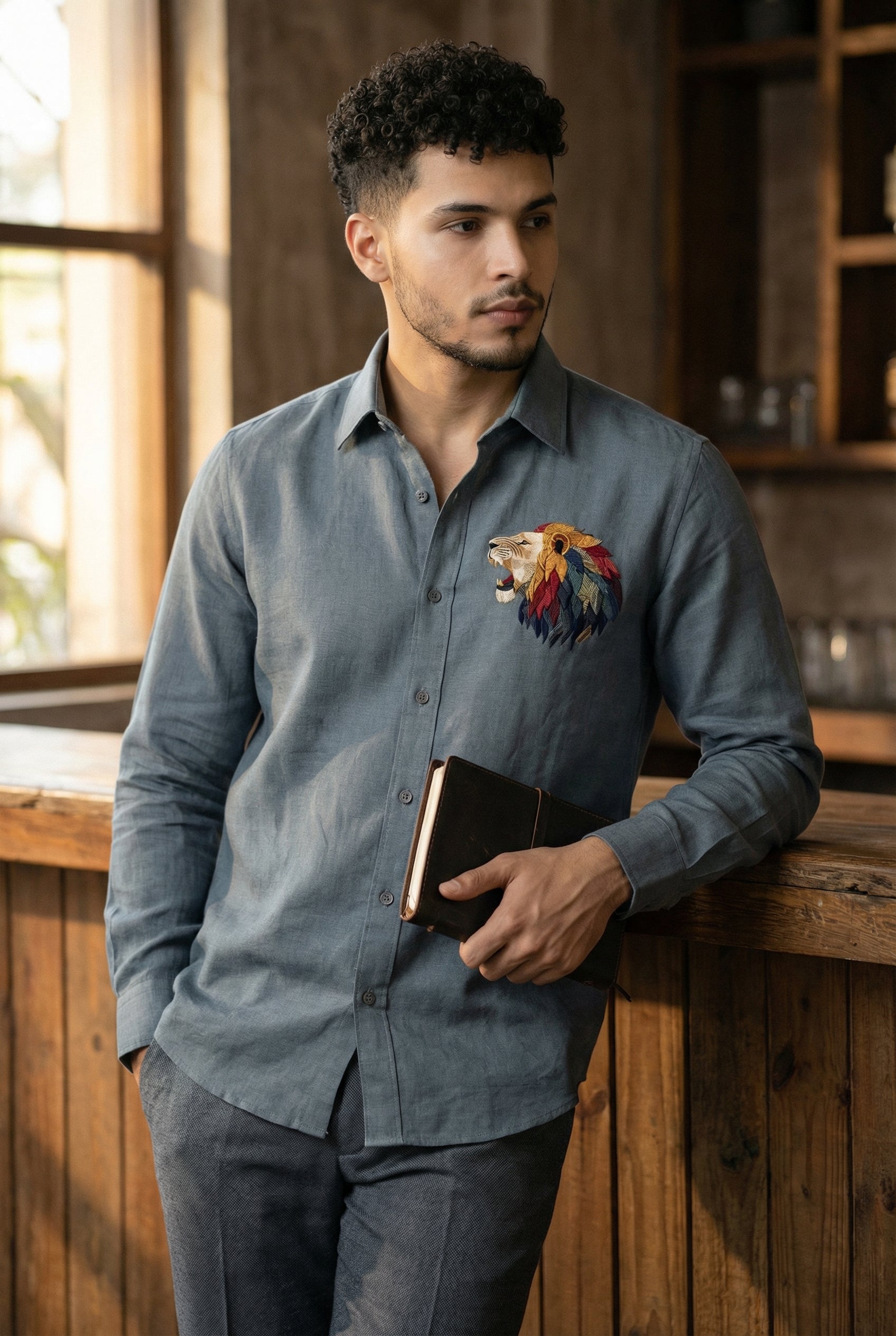 Riviera Royal Lion Embroidered Shirt – Slate Grey
