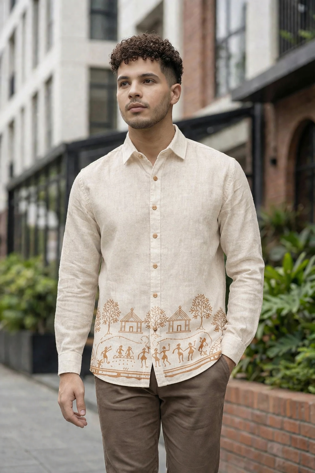 Goamen Heritage Beige Warli Art Printed Linen Shirt