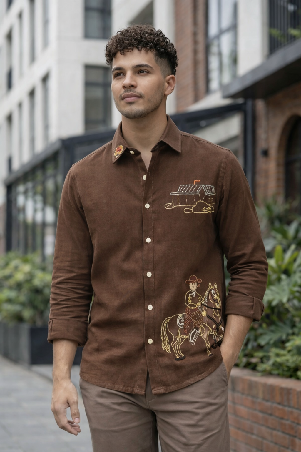 Goamen Heritage Brown Horse Rider Embroidered Linen Shirt