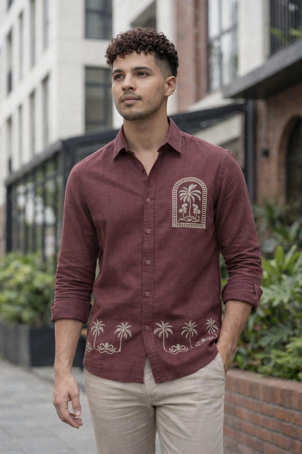 Goamen Premium Maroon Palm Tree Embroidered Linen Shirt
