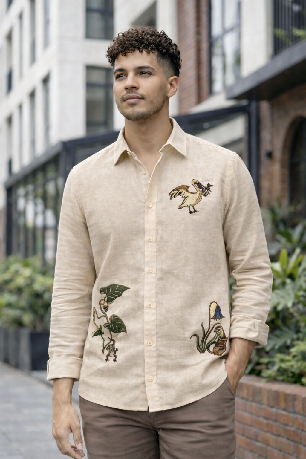 Goamen Premium Beige Nature Bird Embroidered Linen Shirt
