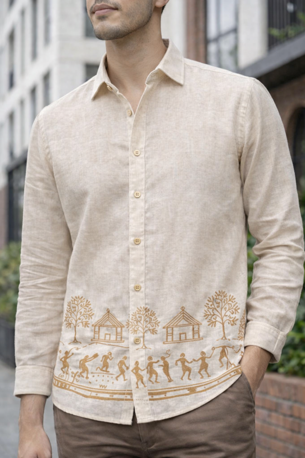 Goamen Heritage Beige Warli Art Printed Linen Shirt