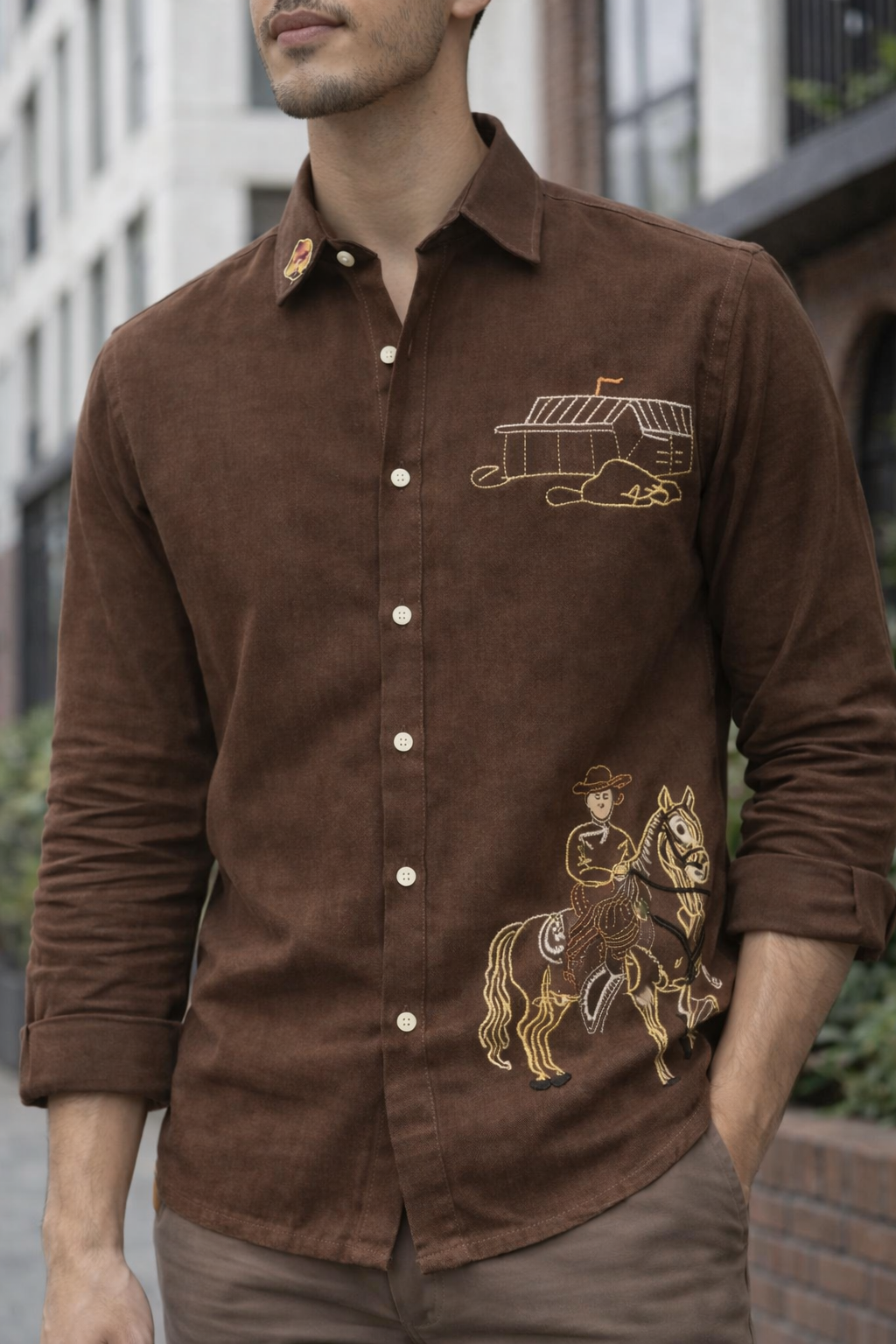 Goamen Heritage Brown Horse Rider Embroidered Linen Shirt
