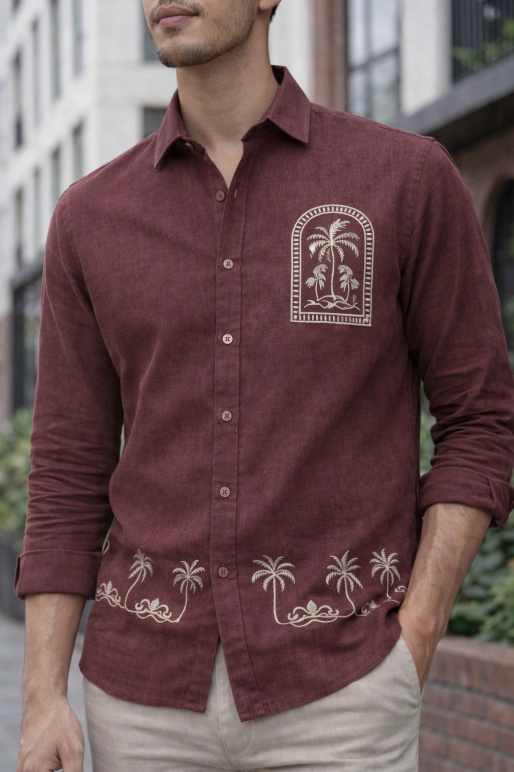 Goamen Premium Maroon Palm Tree Embroidered Linen Shirt