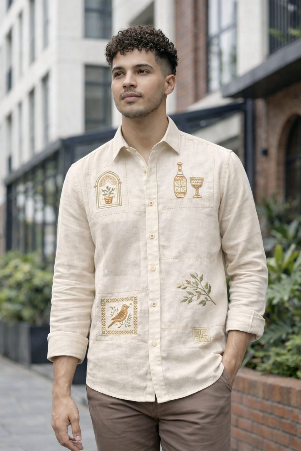 Goamen Heritage Beige Artistic Patch Embroidered Linen Shirt