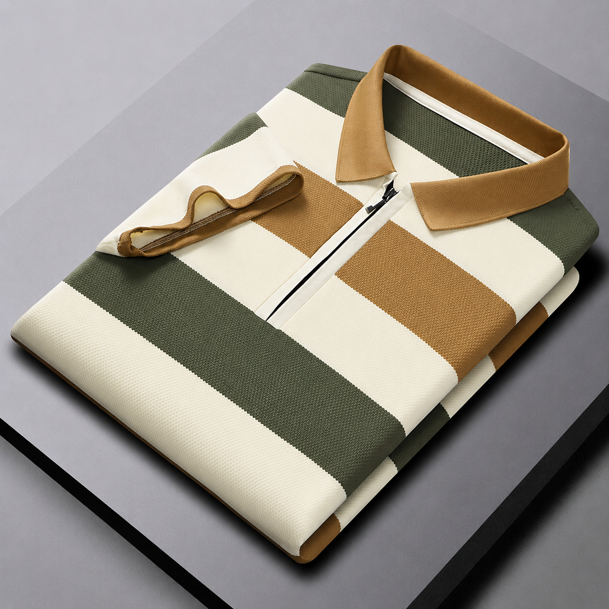 Men’s Olive Tan Striped Half-Zip Polo T-Shirt