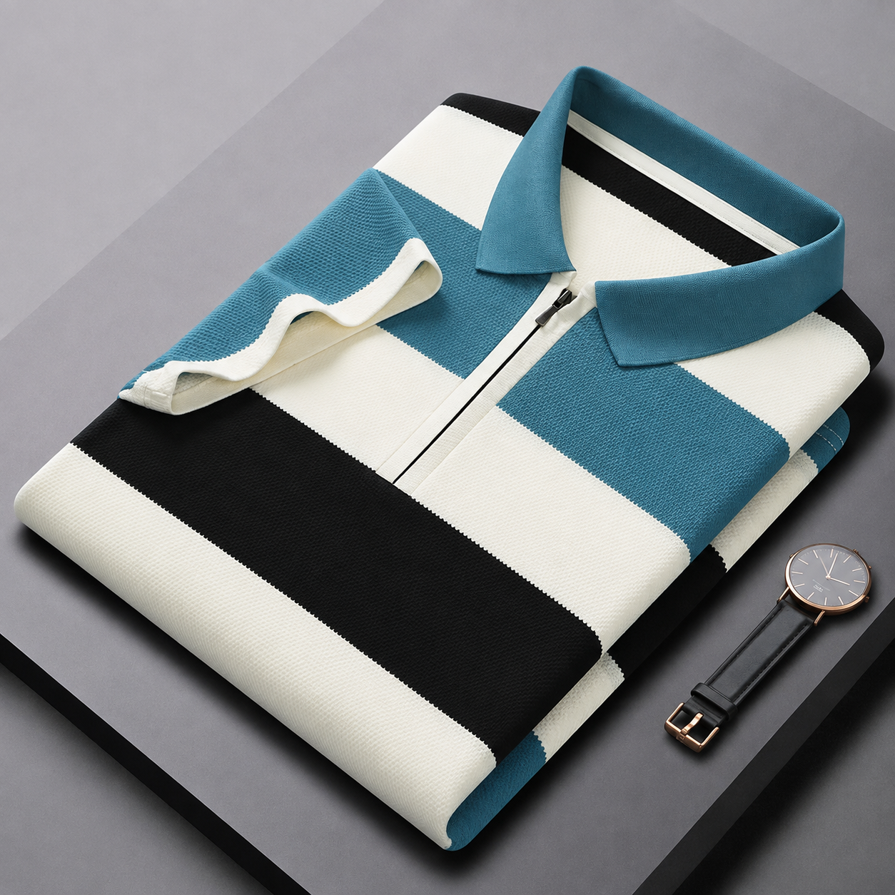 Men’s Teal Black Striped Half-Zip Polo T-Shirt
