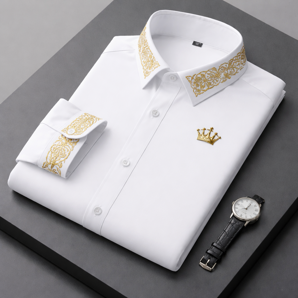 Royal Ivory Crown – White Luxury Embroidered Shirt