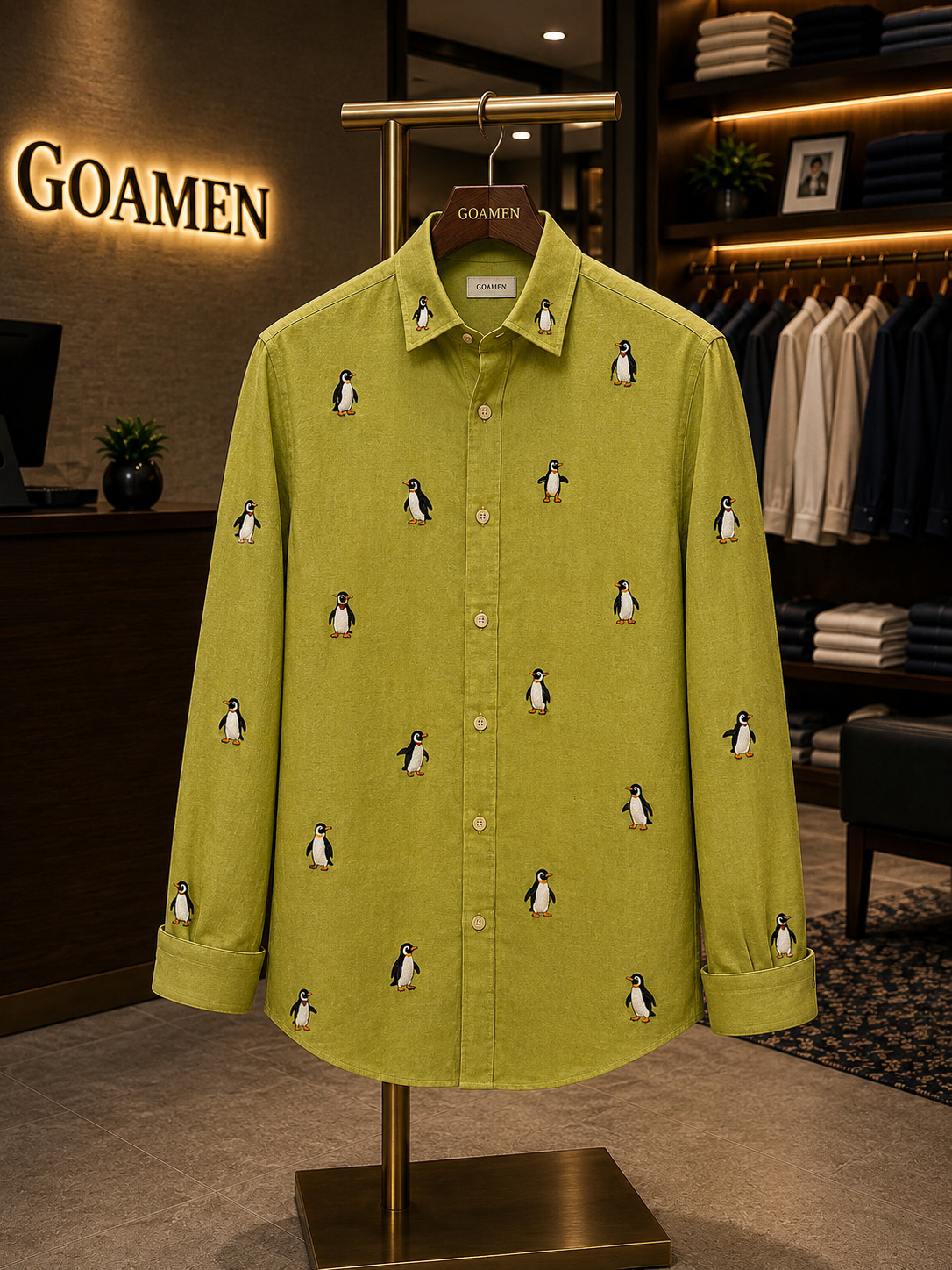 Men’s Lime Green Penguin Embroidered Full Sleeve Shirt