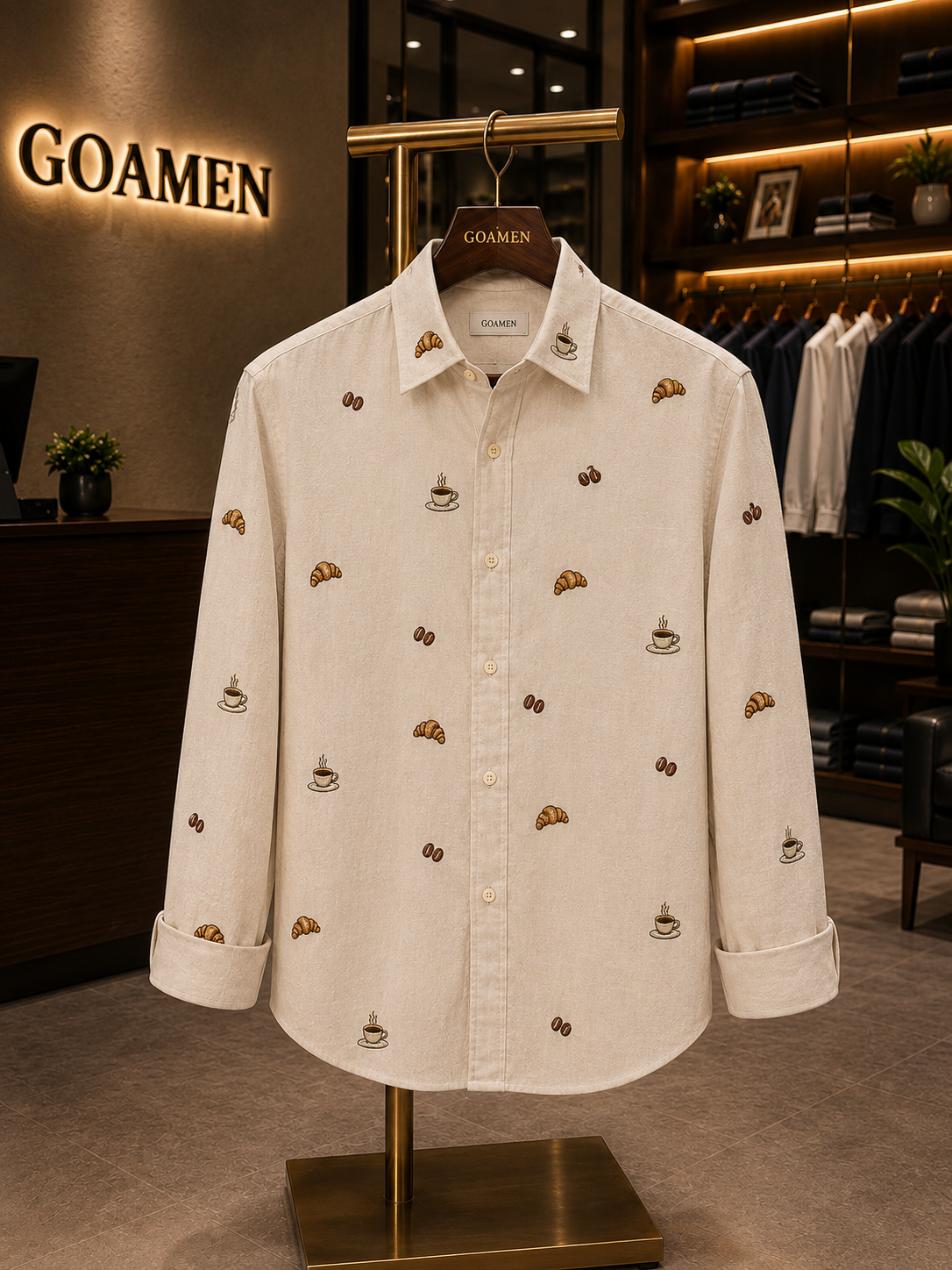 Men’s Cream Café Embroidered Full Sleeve Shirt