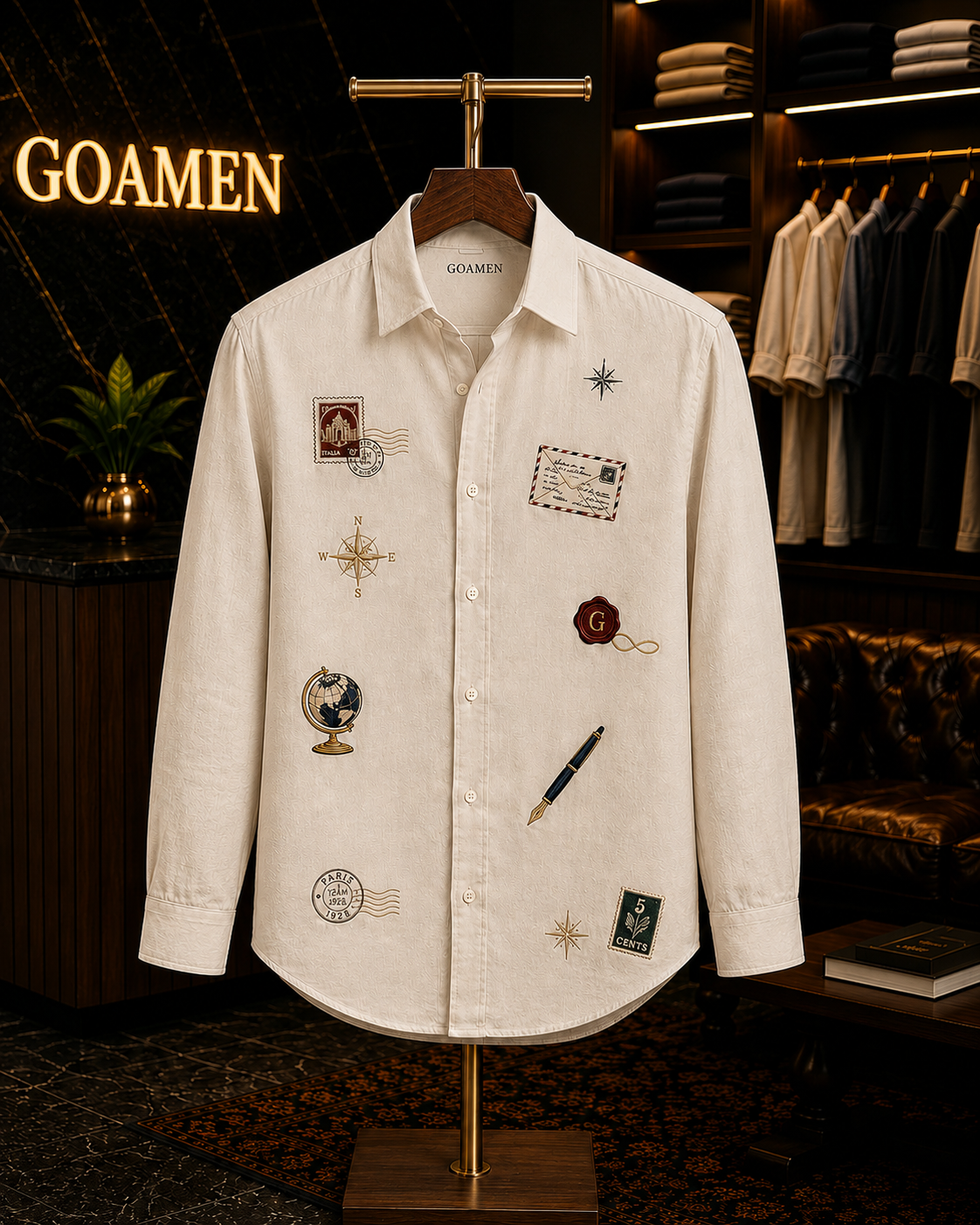 Men’s Ivory Travel Badge Embroidered Full Sleeve Shirt