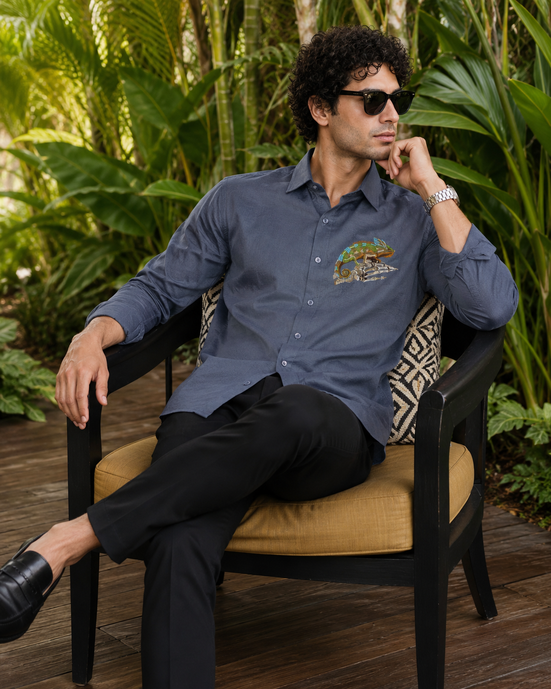 Goamen Chameleon Embroidered Premium Cotton Shirt – Slate Blue