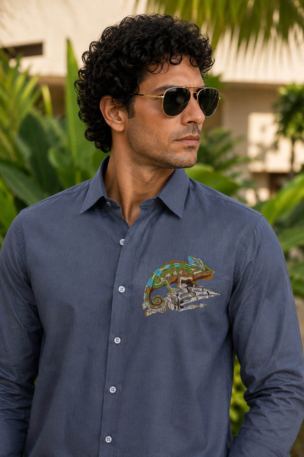 Goamen Chameleon Embroidered Premium Cotton Shirt – Slate Blue