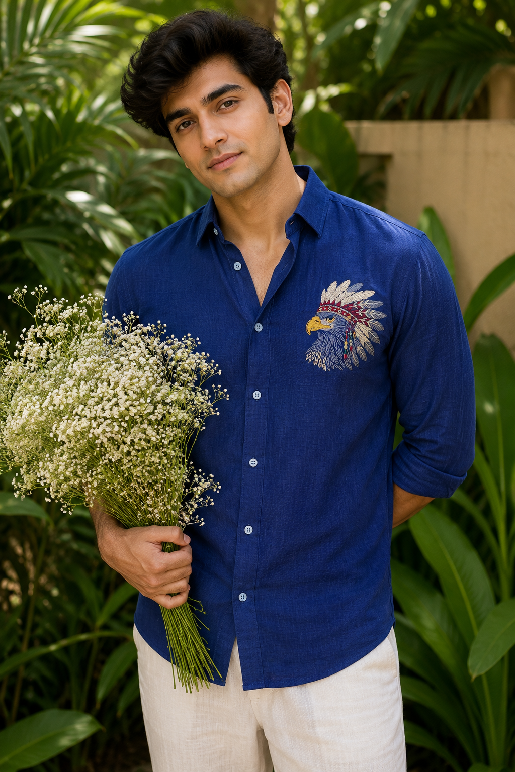 Goamen Royal Eagle Embroidered Linen Shirt – Cobalt Blue