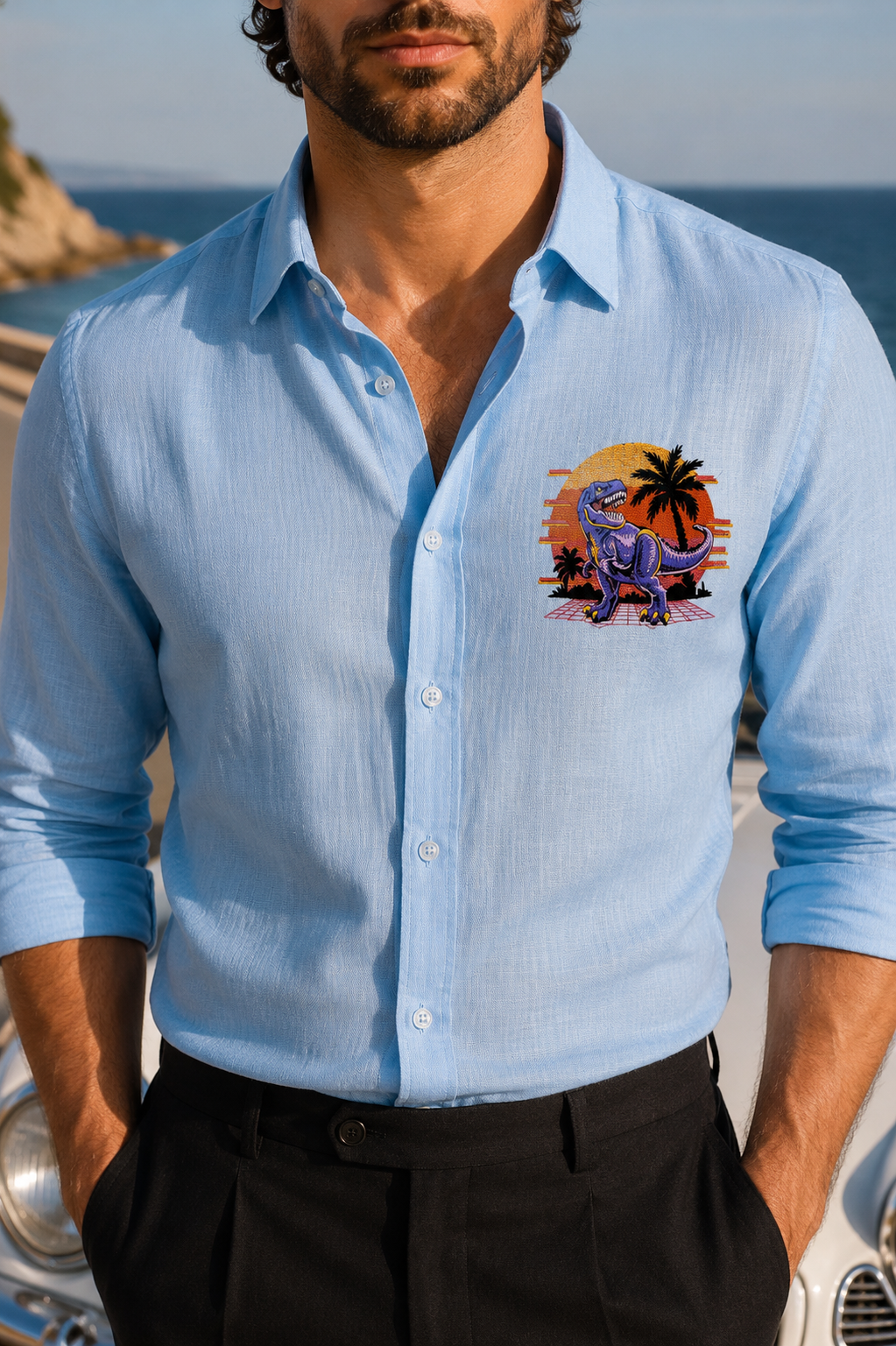 Goamen Retro Dino Embroidered Linen Shirt – Sky Blue