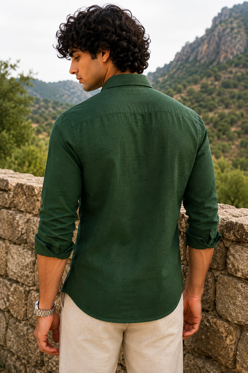 Goamen Alpine Peak Embroidered Linen Shirt – Forest Green