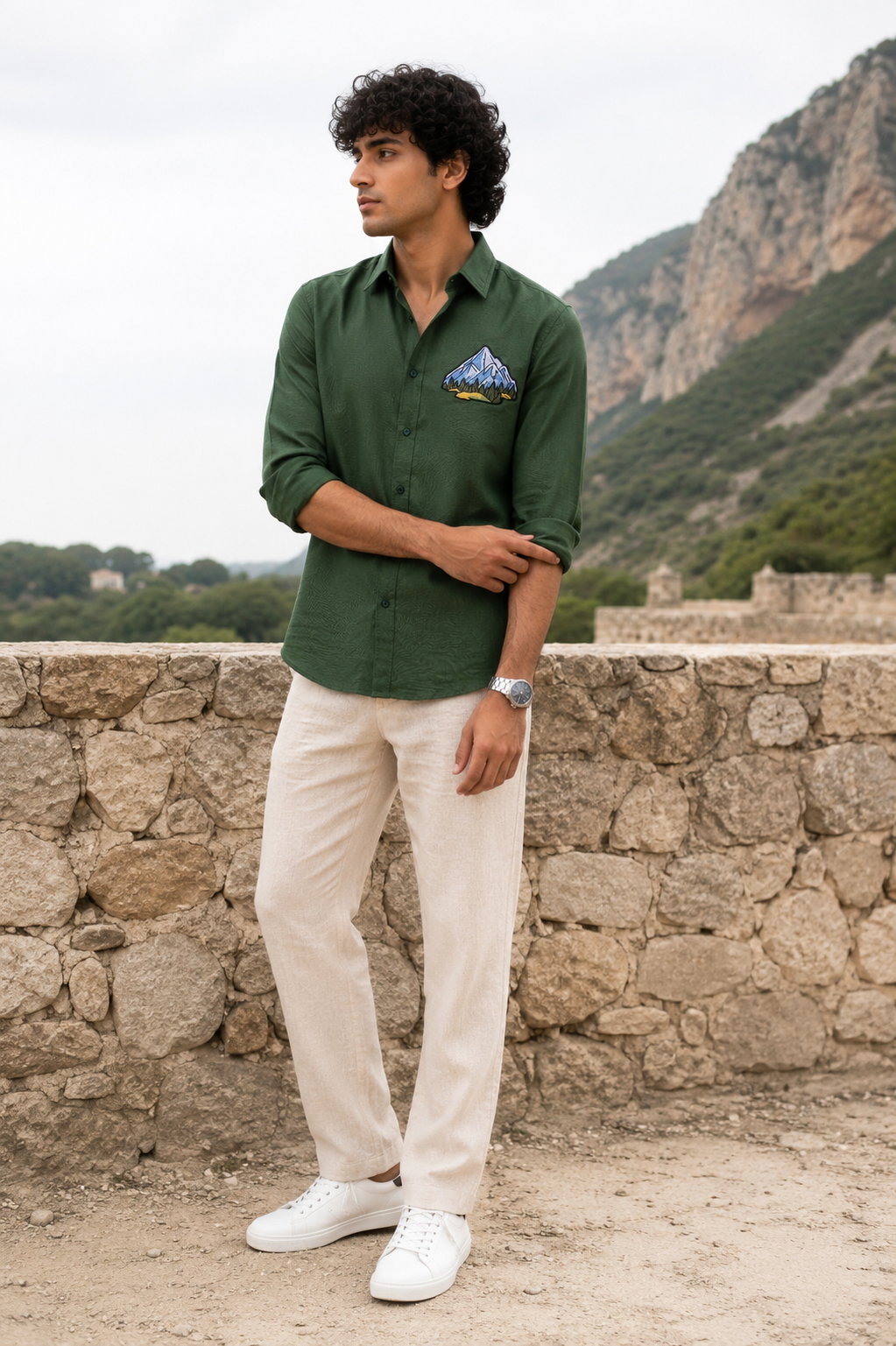 Goamen Alpine Peak Embroidered Linen Shirt – Forest Green