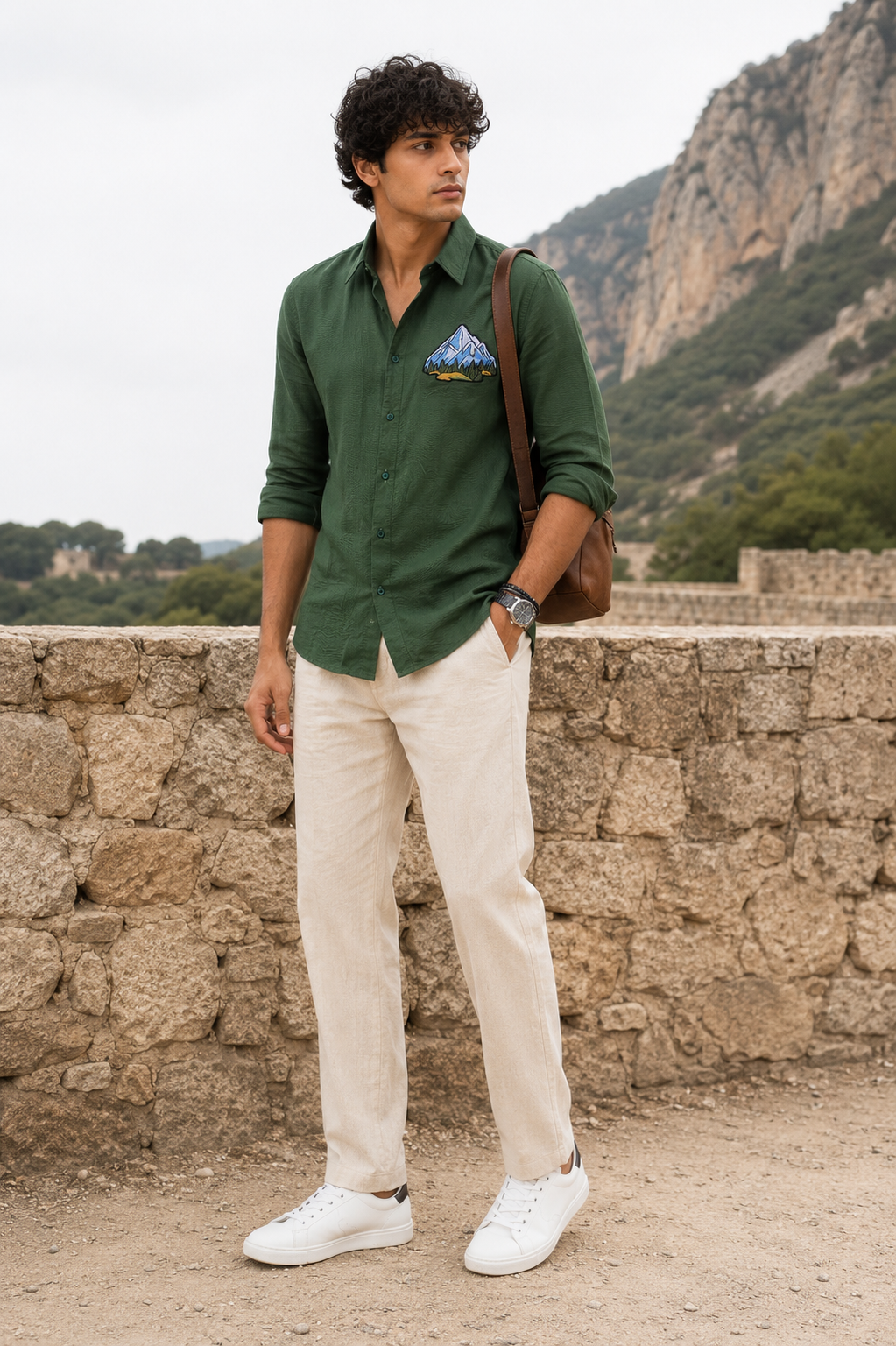 Goamen Alpine Peak Embroidered Linen Shirt – Forest Green