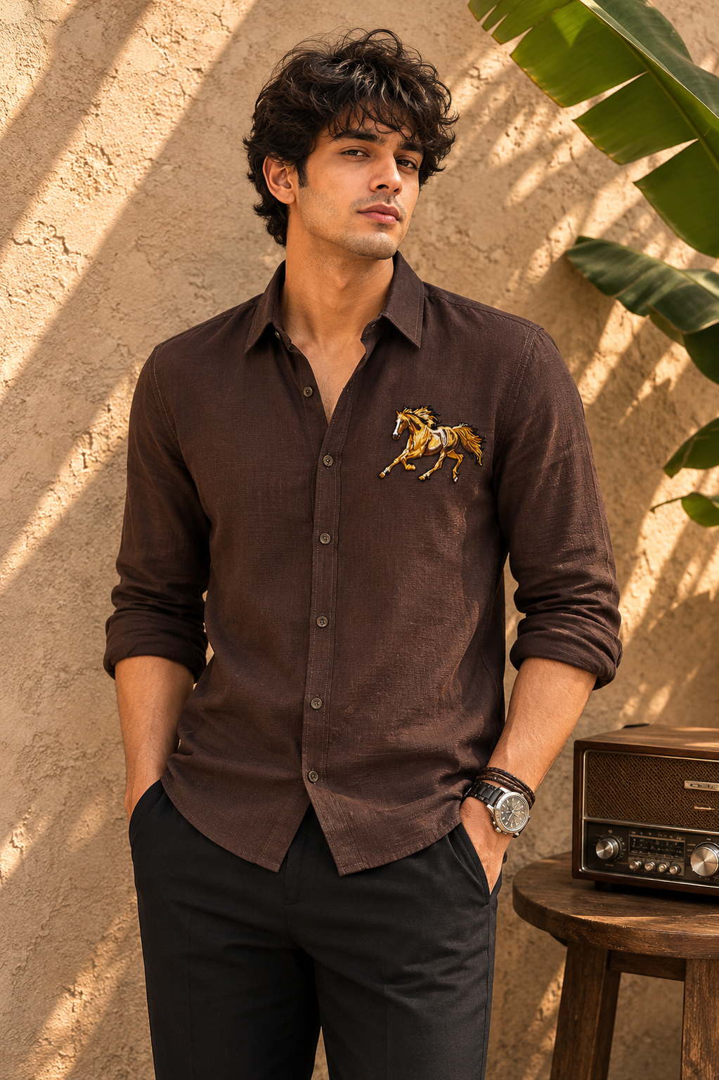 Goamen Majestic Stallion Embroidered Linen Shirt – Espresso Brown