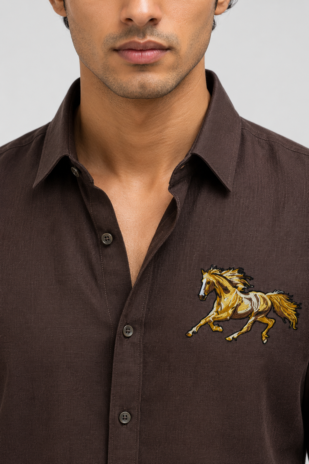 Goamen Majestic Stallion Embroidered Linen Shirt – Espresso Brown