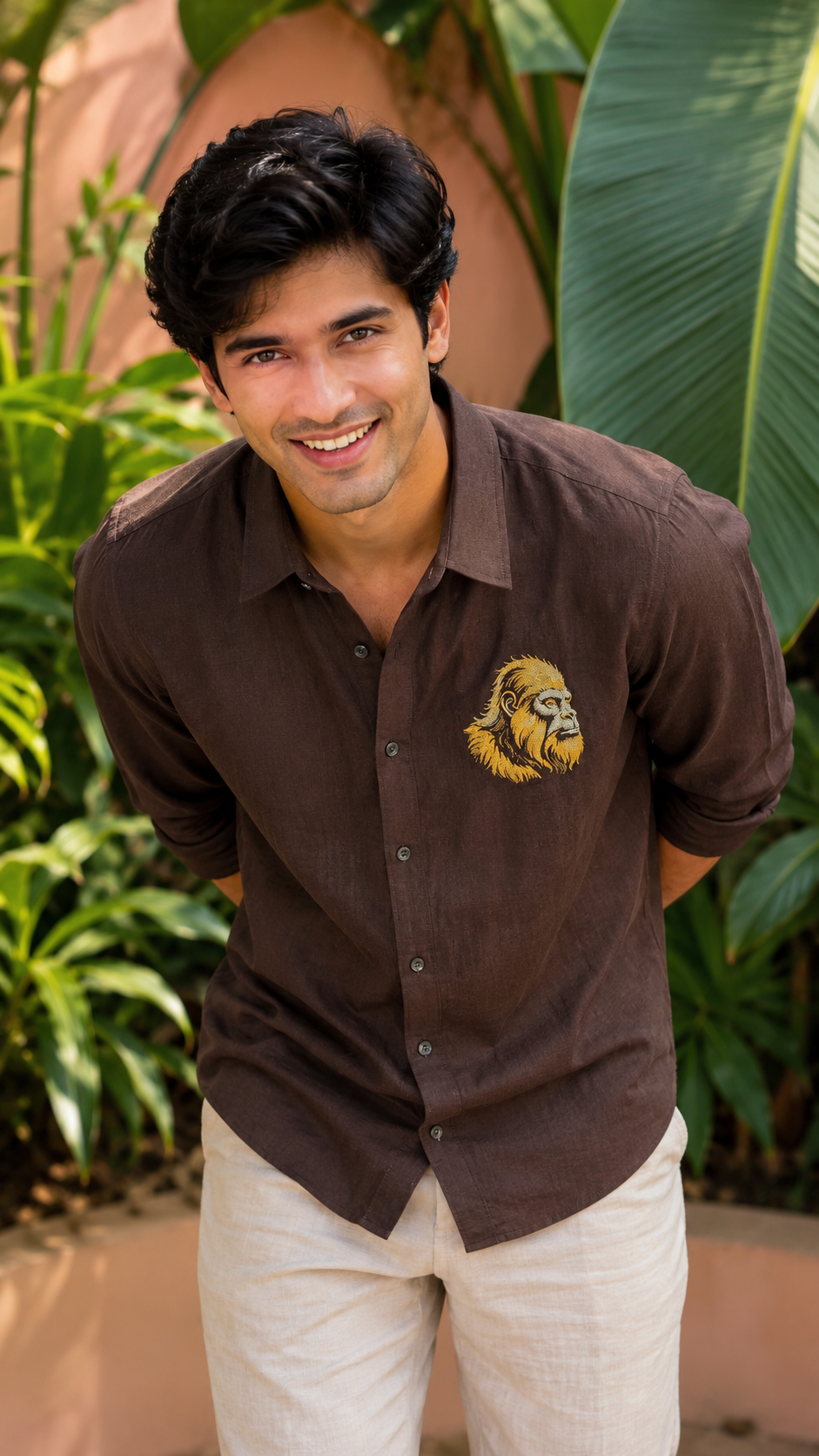 Goamen Golden Gorilla Embroidered Linen Shirt – Espresso Brown