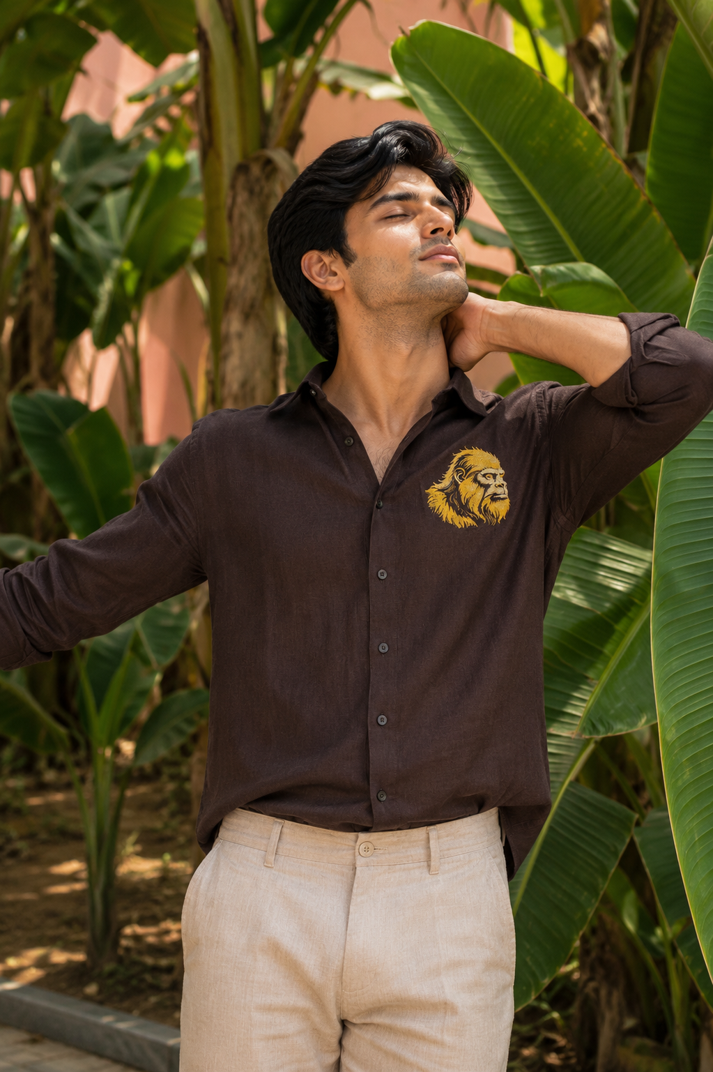 Goamen Golden Gorilla Embroidered Linen Shirt – Espresso Brown