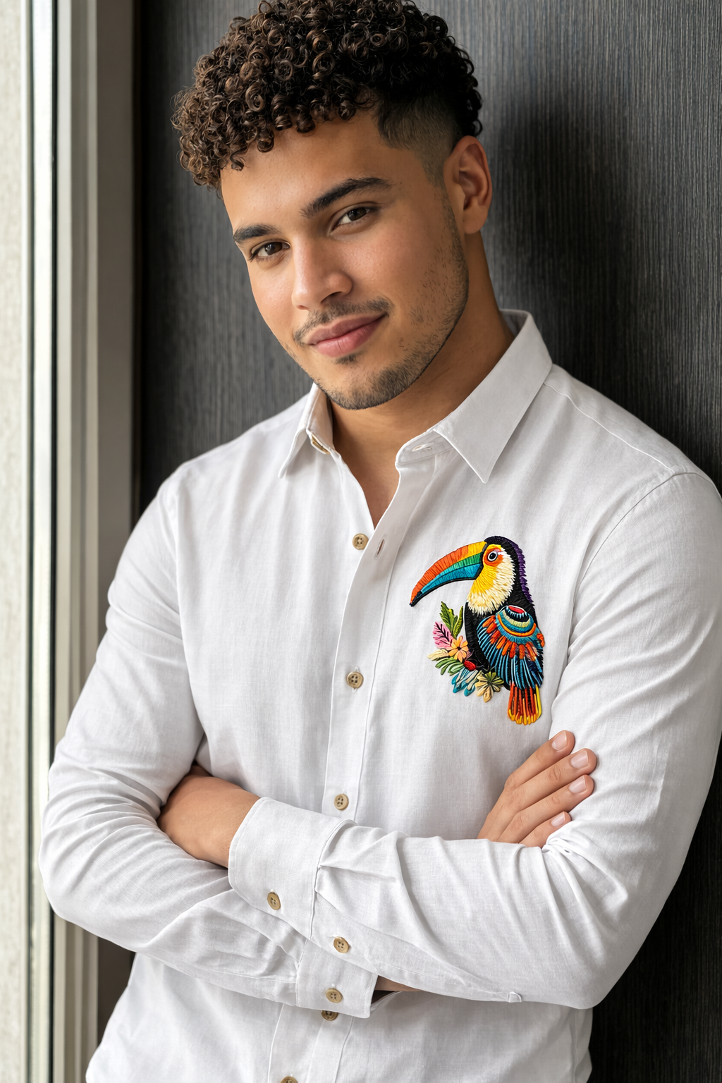 Goamen Tropical Toucan White Linen Shirt