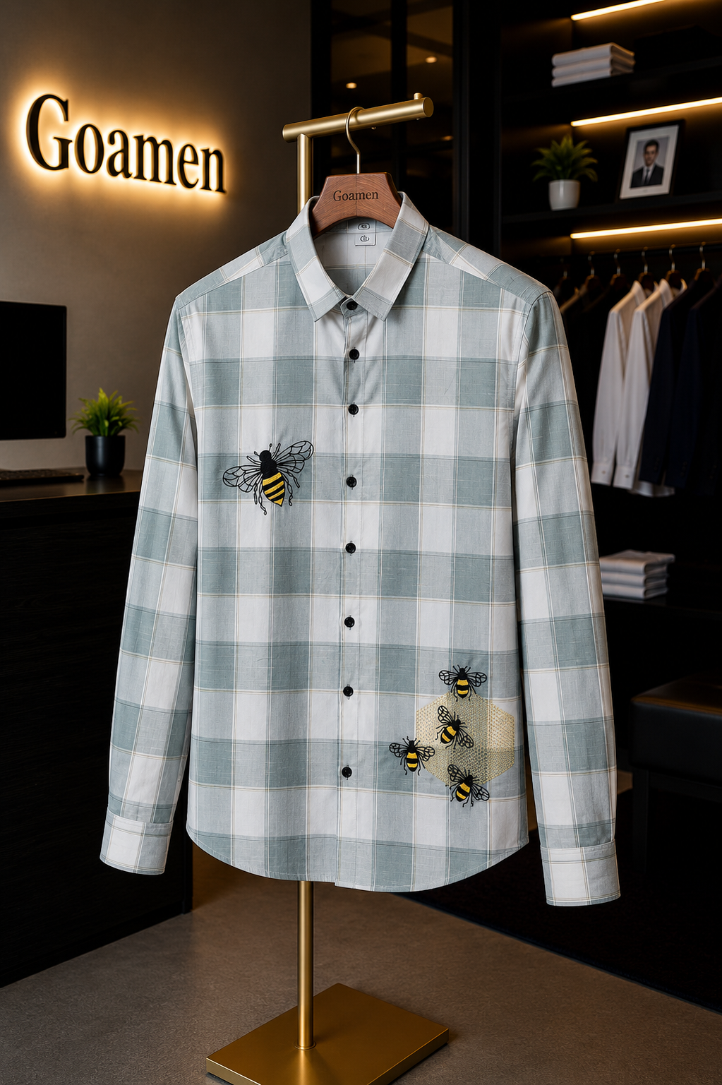Goamen Sage Grey Bee Embroidered Checks Shirt