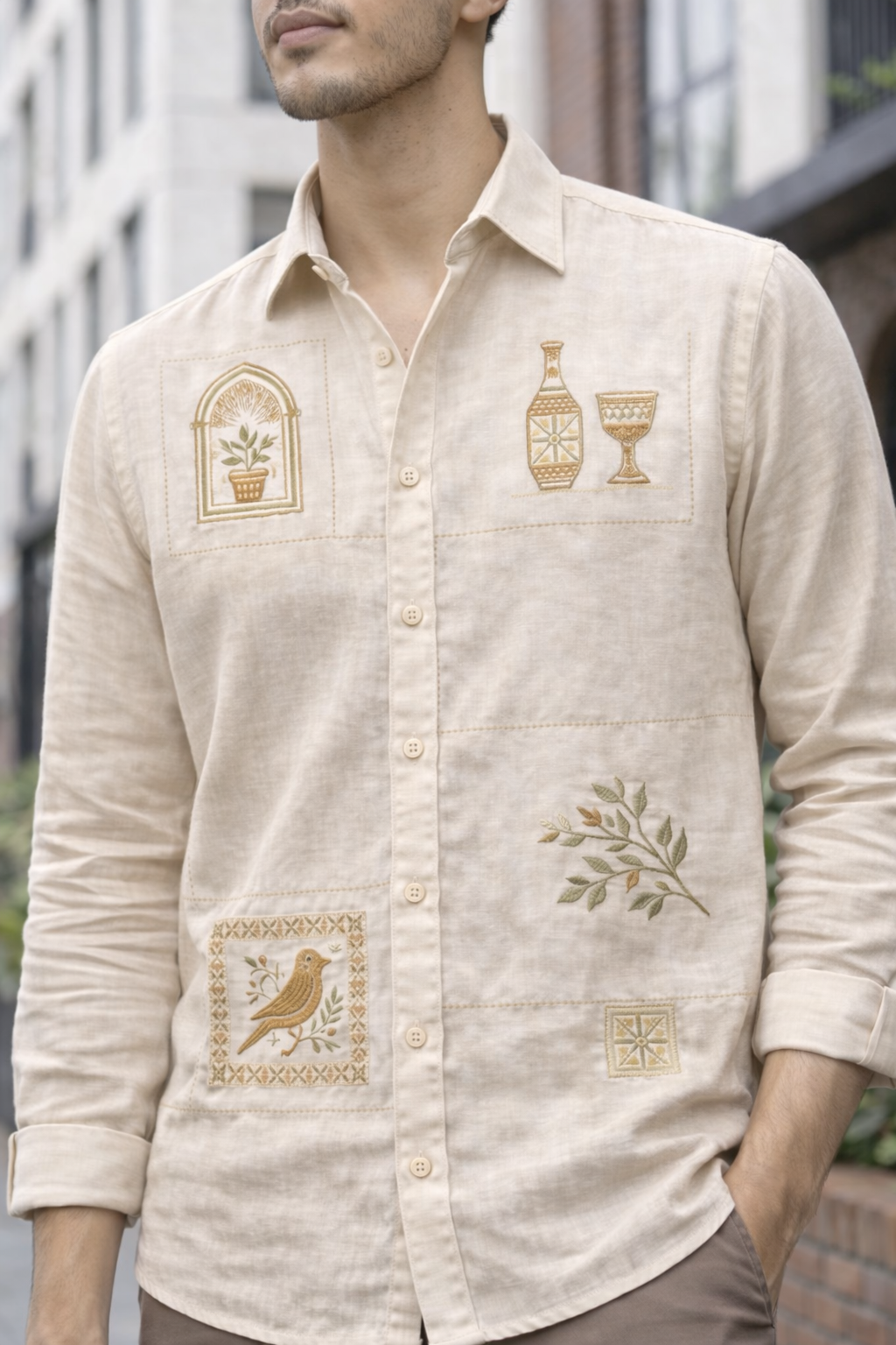 Goamen Heritage Beige Artistic Patch Embroidered Linen Shirt