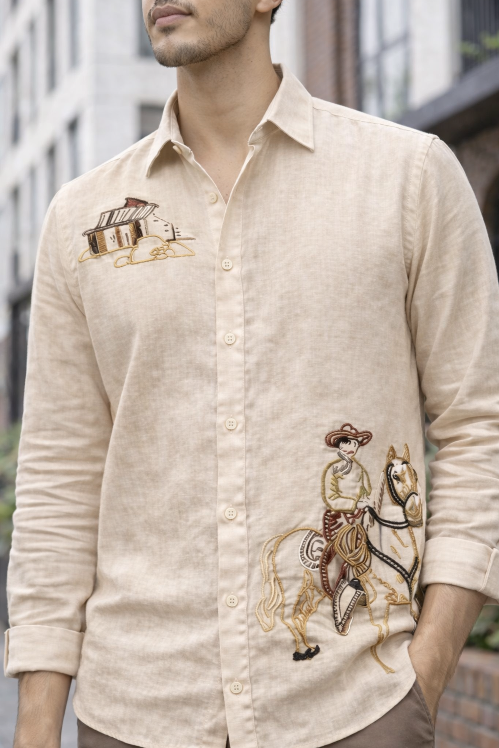 Goamen Heritage Beige Horse Rider Embroidered Linen Shirt