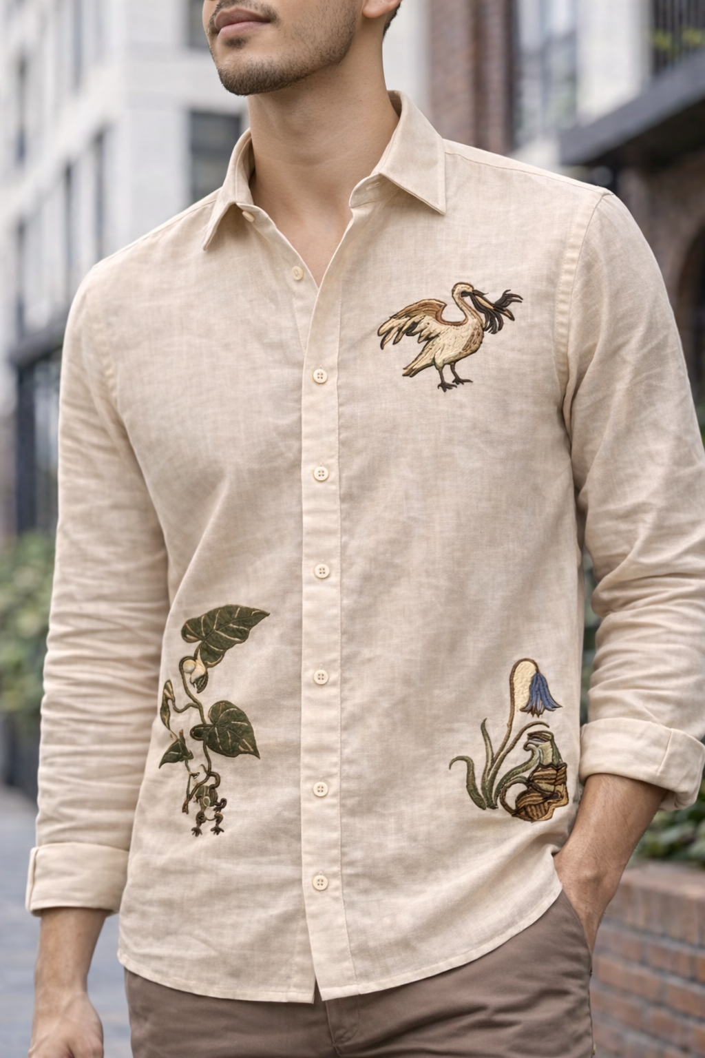 Goamen Premium Beige Nature Bird Embroidered Linen Shirt