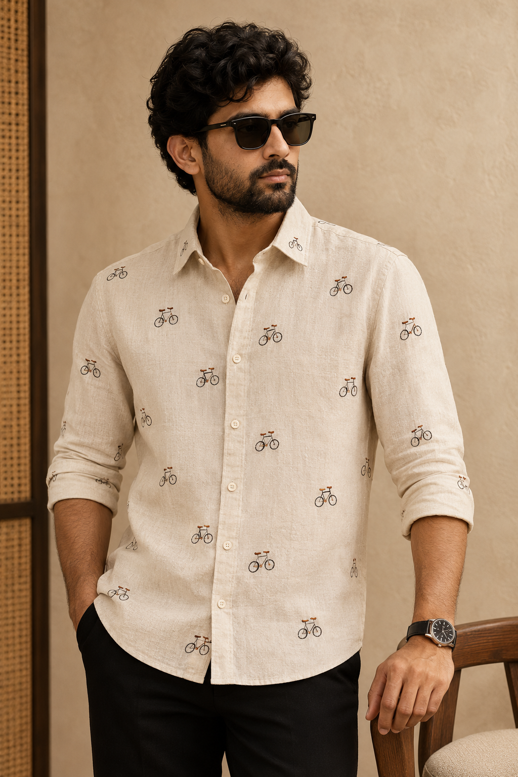 Men’s Cream Bicycle Embroidered Full Sleeve Shirt