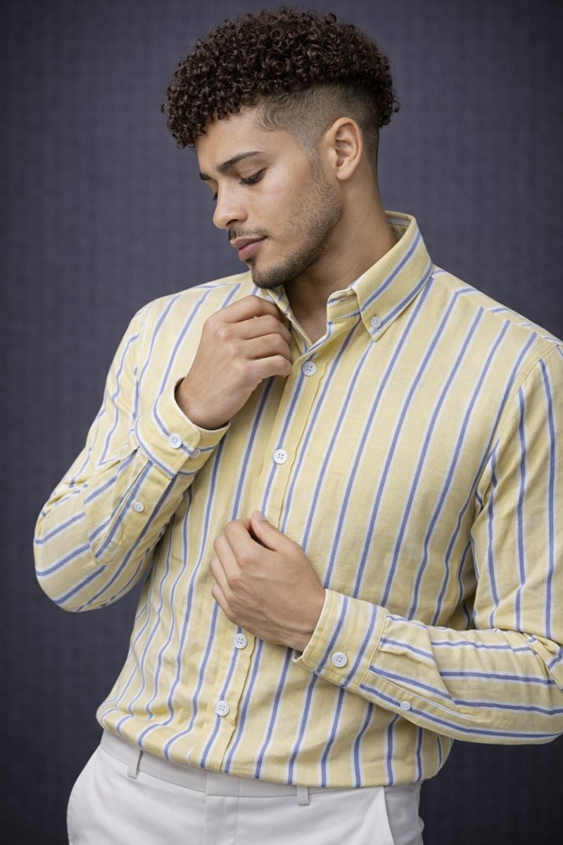 Men's Yellow Striped Full Sleeve Shirt - Goamen