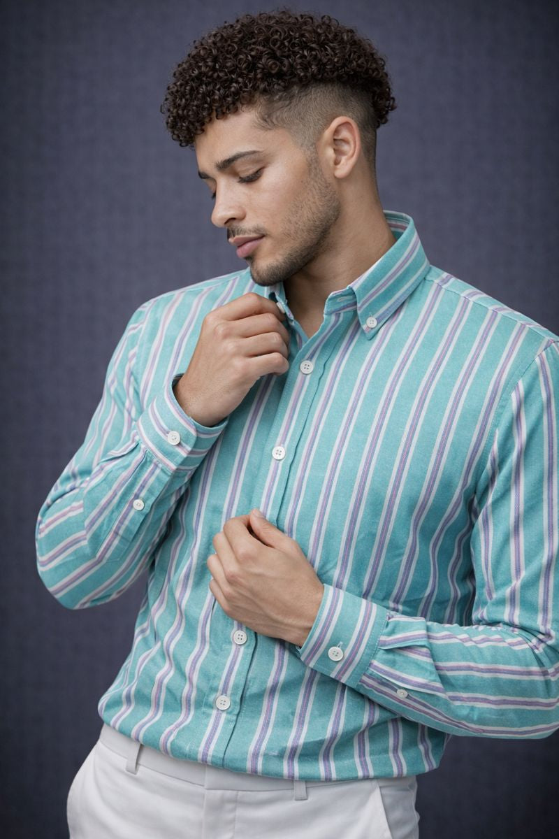 Men's sky Blue Striped Full Sleeve Shirt - Goamen