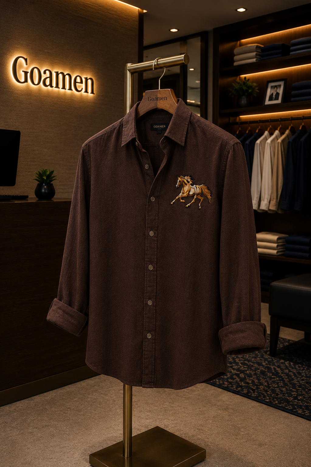 Goamen Majestic Stallion Embroidered Linen Shirt – Espresso Brown