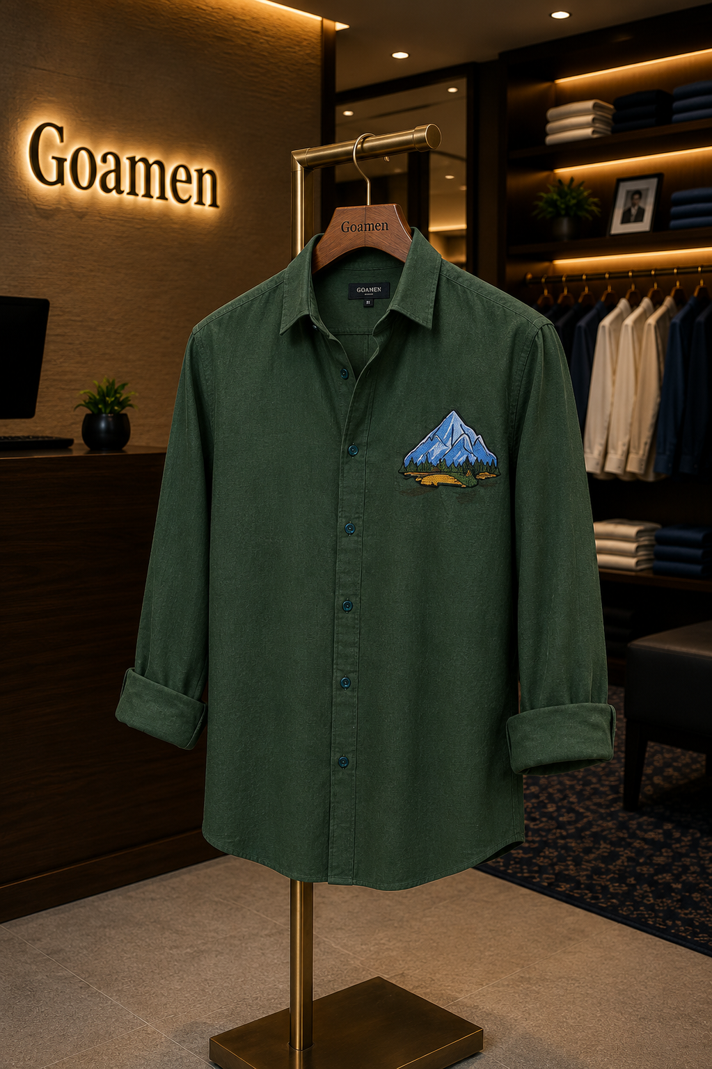 Goamen Alpine Peak Embroidered Linen Shirt – Forest Green