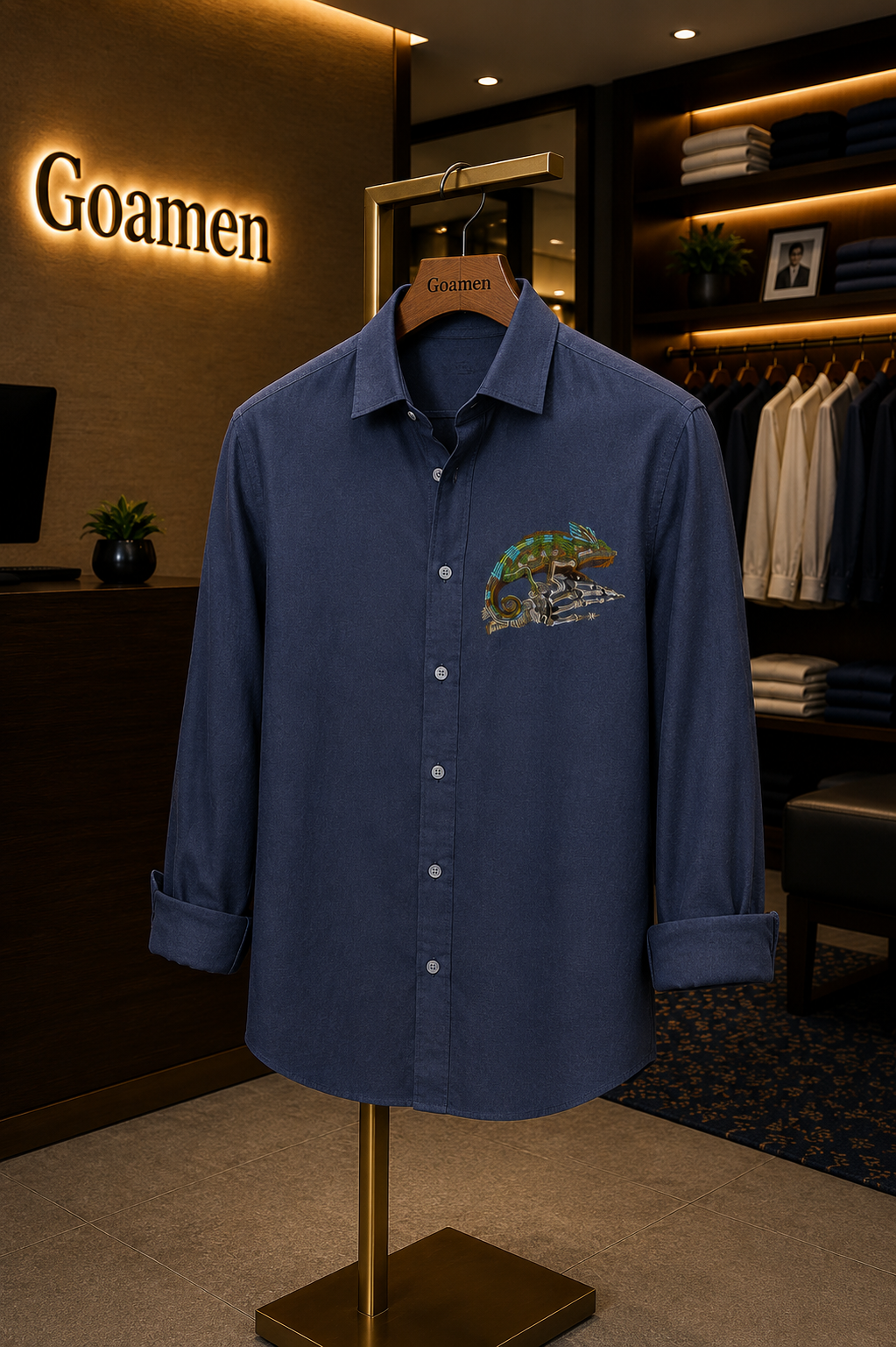 Goamen Chameleon Embroidered Premium Cotton Shirt – Slate Blue