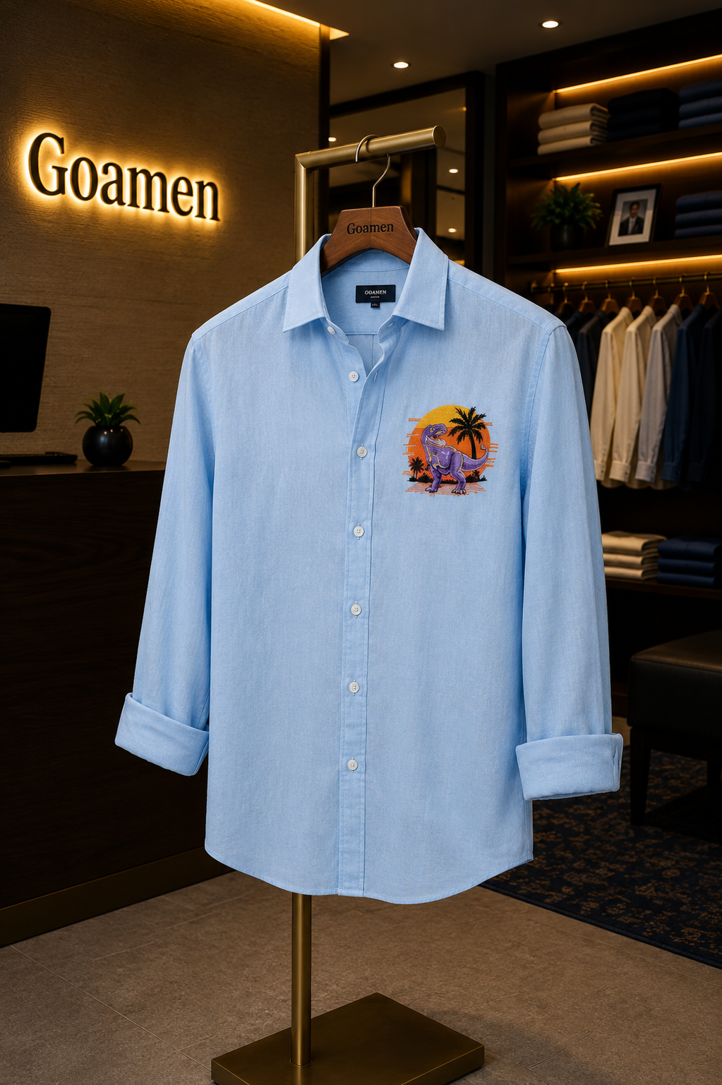Goamen Retro Dino Embroidered Linen Shirt – Sky Blue