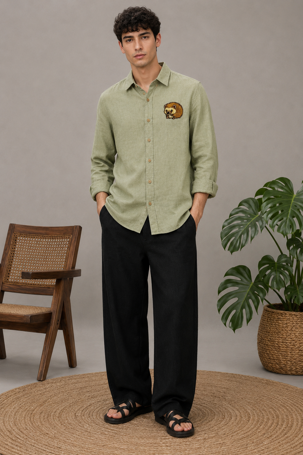 Woodland Charm Embroidered Shirt – Sage Green