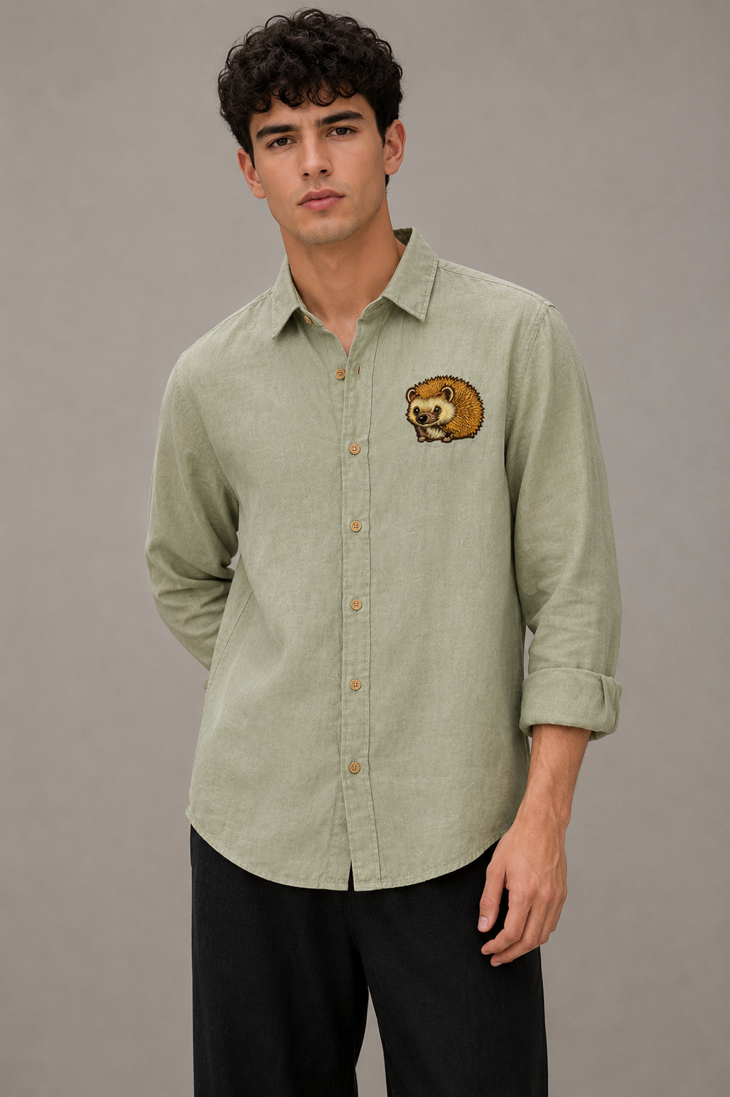 Woodland Charm Embroidered Shirt – Sage Green