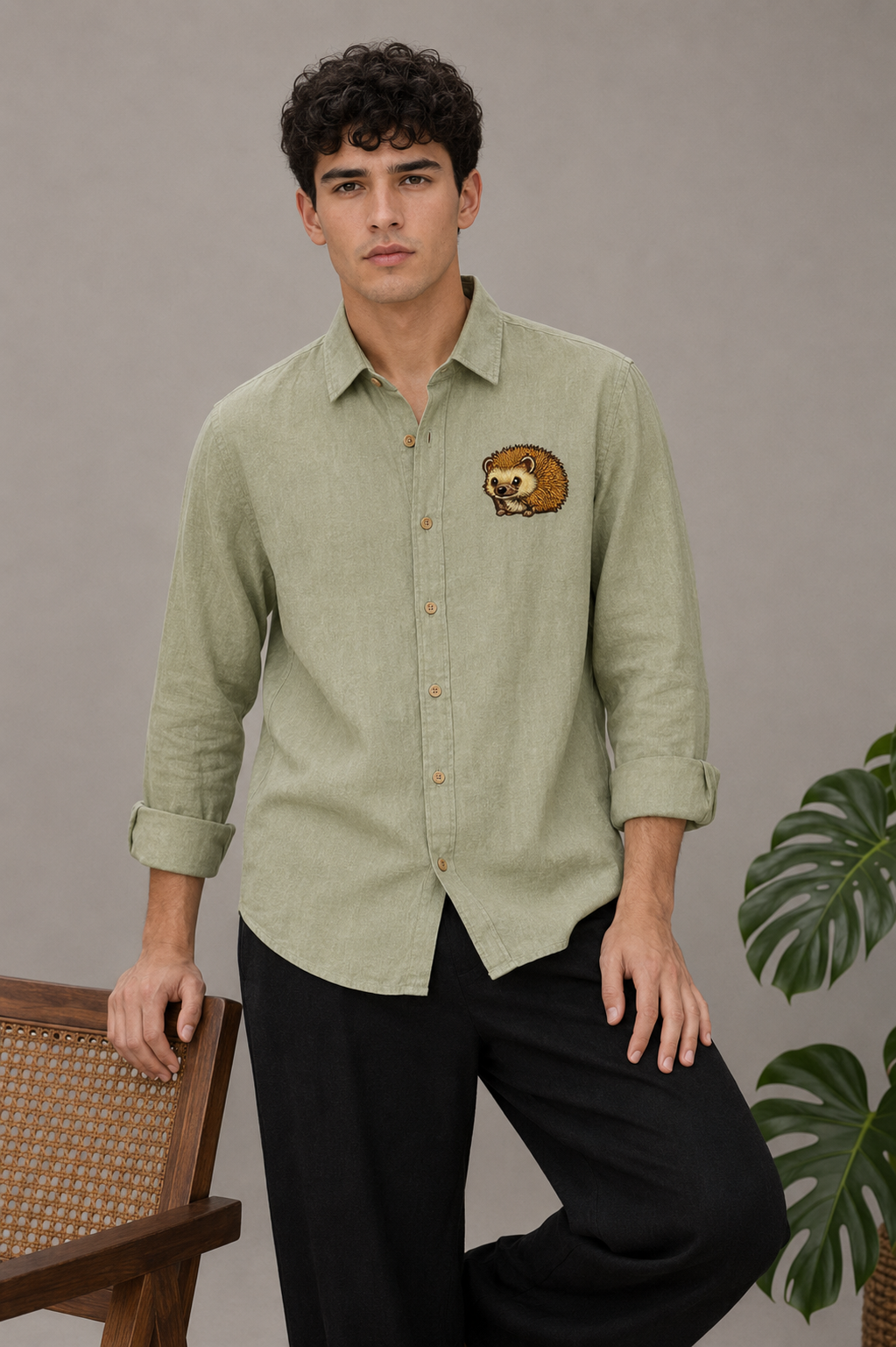Woodland Charm Embroidered Shirt – Sage Green