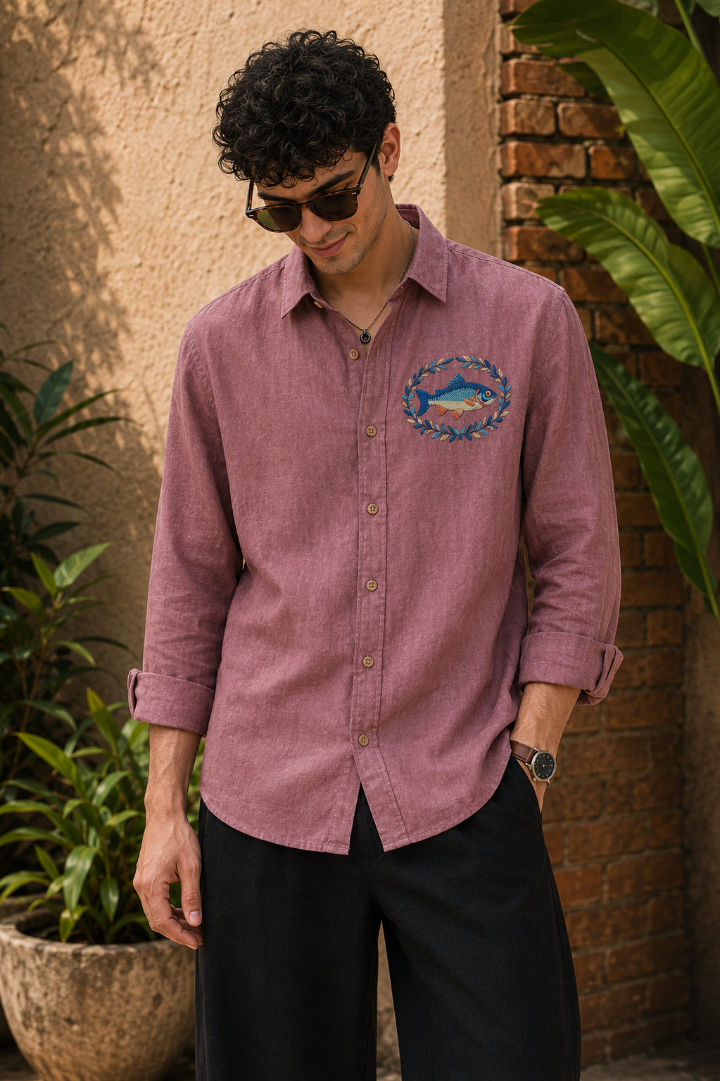 Ocean Crest Embroidered Shirt – Dusty Rose