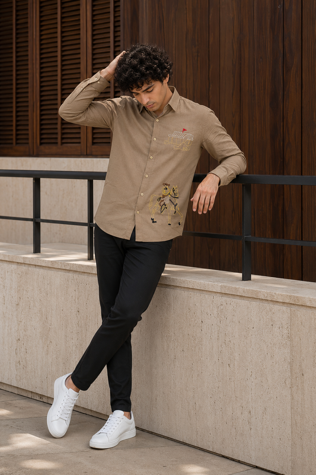Goamen Heritage Brown Horse Rider Embroidered Linen Shirt