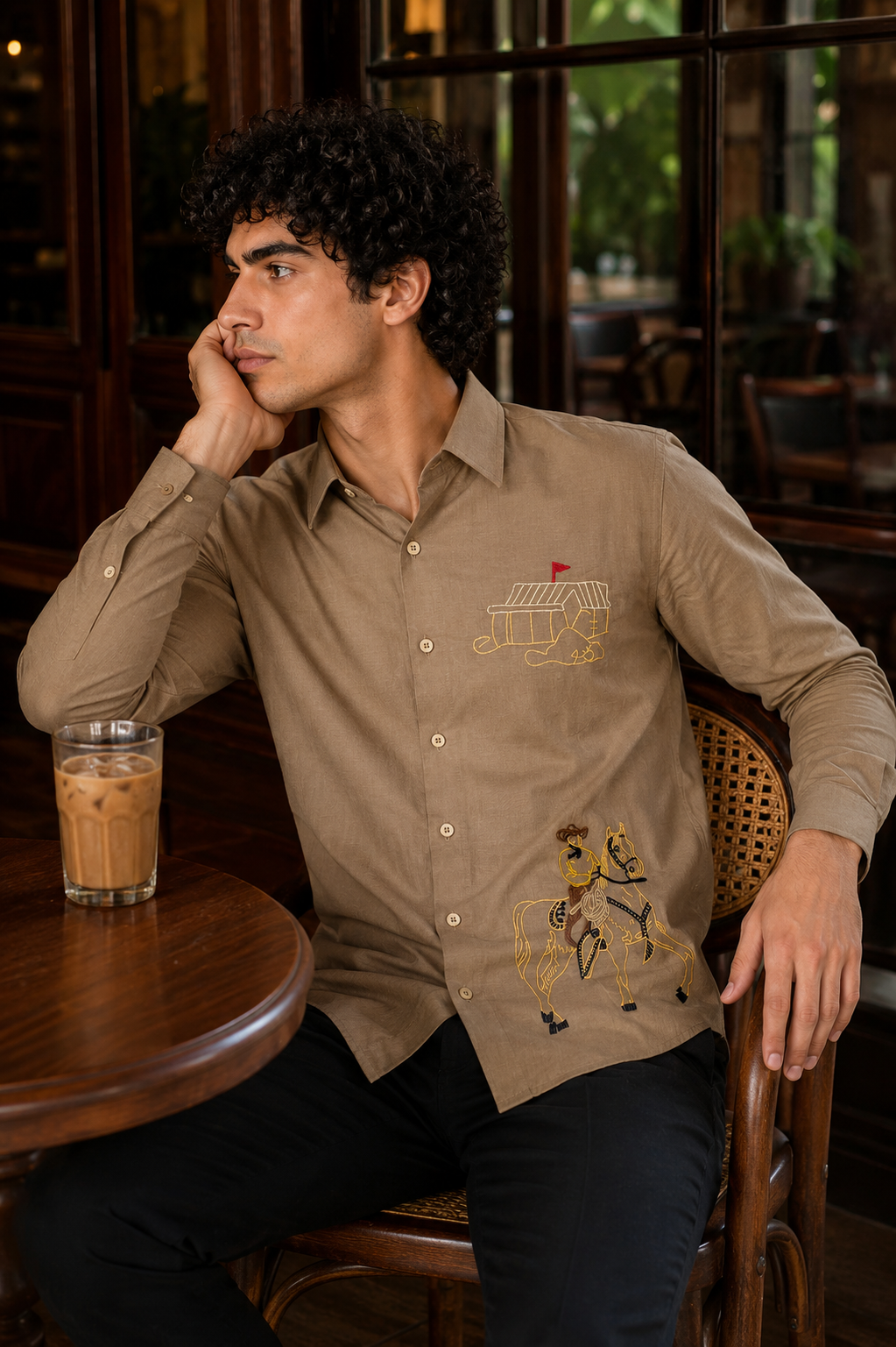 Goamen Heritage Brown Horse Rider Embroidered Linen Shirt