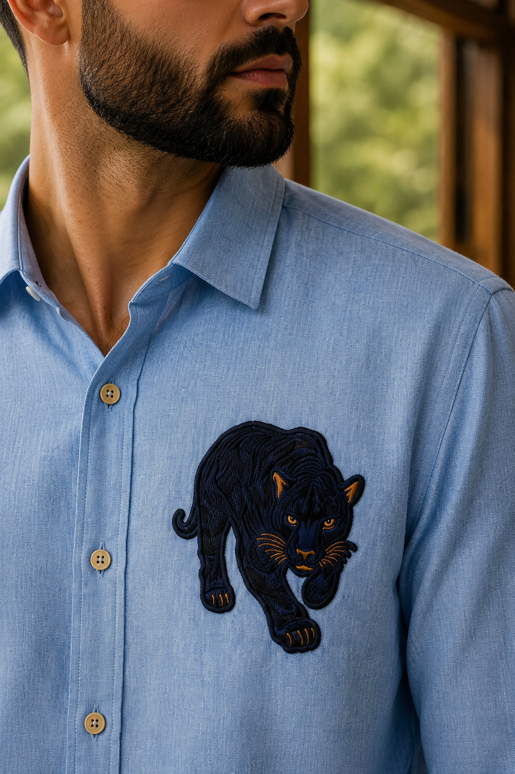 Riviera Midnight Panther Embroidered Shirt – Sky Blue
