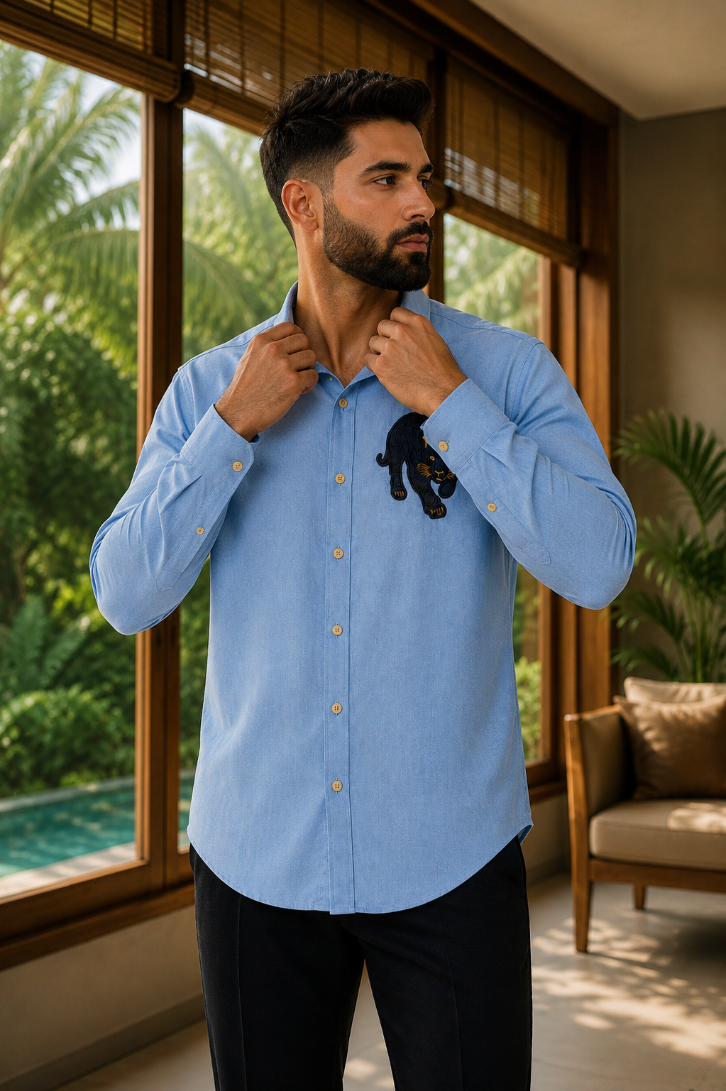 Riviera Midnight Panther Embroidered Shirt – Sky Blue