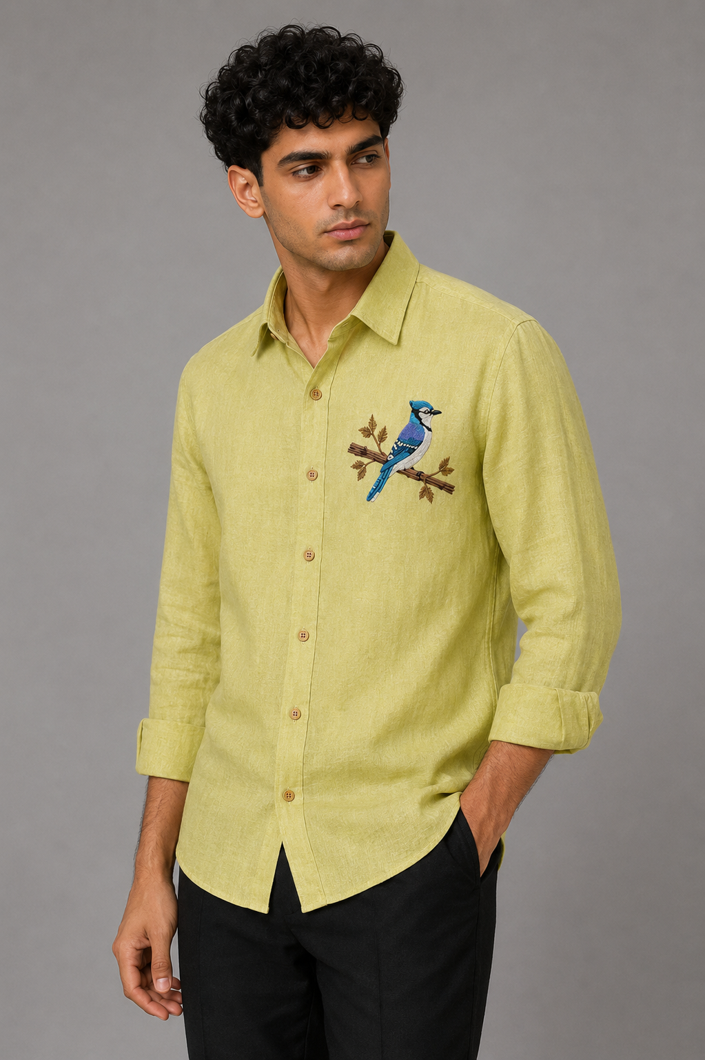 Azure Perch Embroidered Shirt – Pista Green